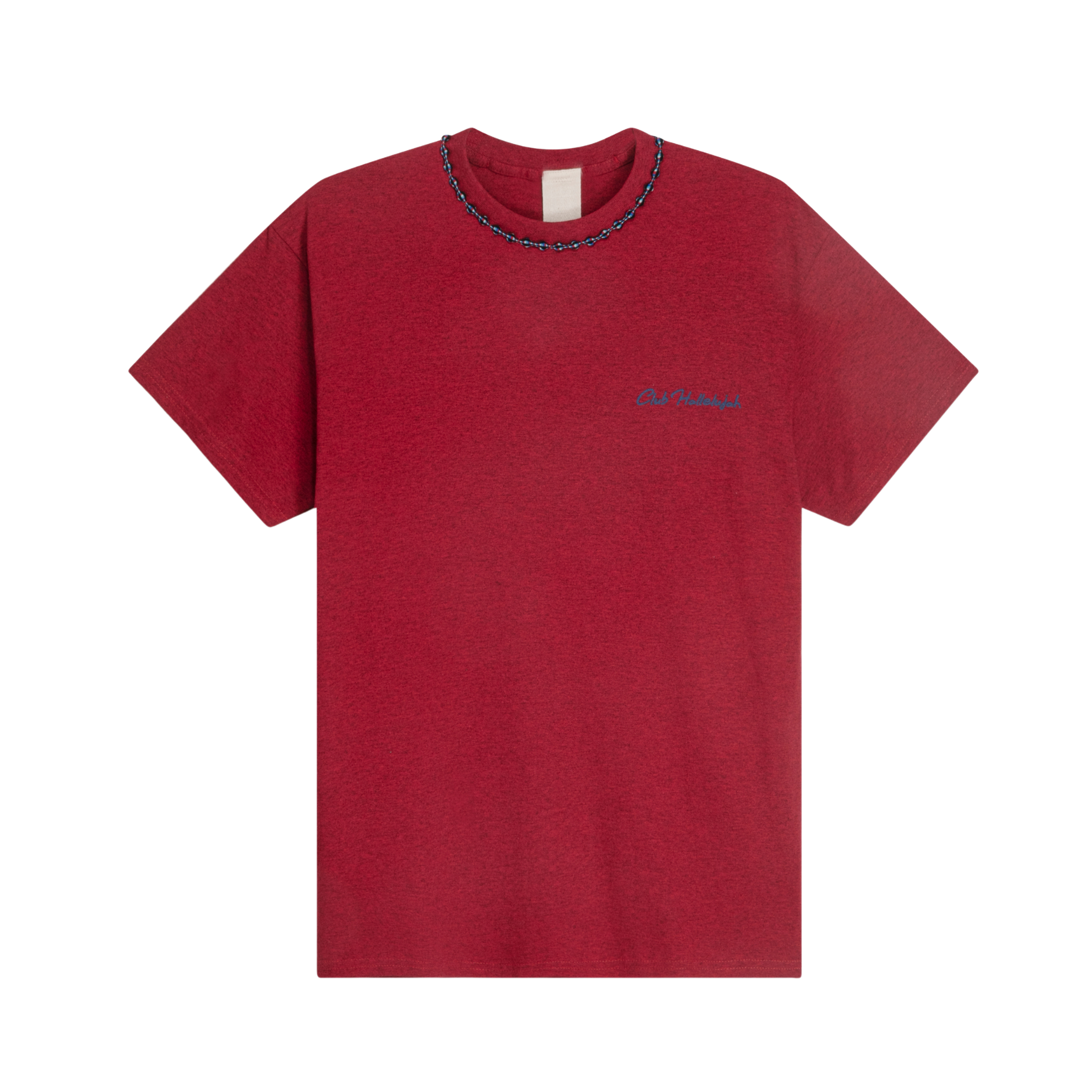 Red mélange cotton T-shirt with small 'Club Hallelujah' front logo and braided neckline, front view