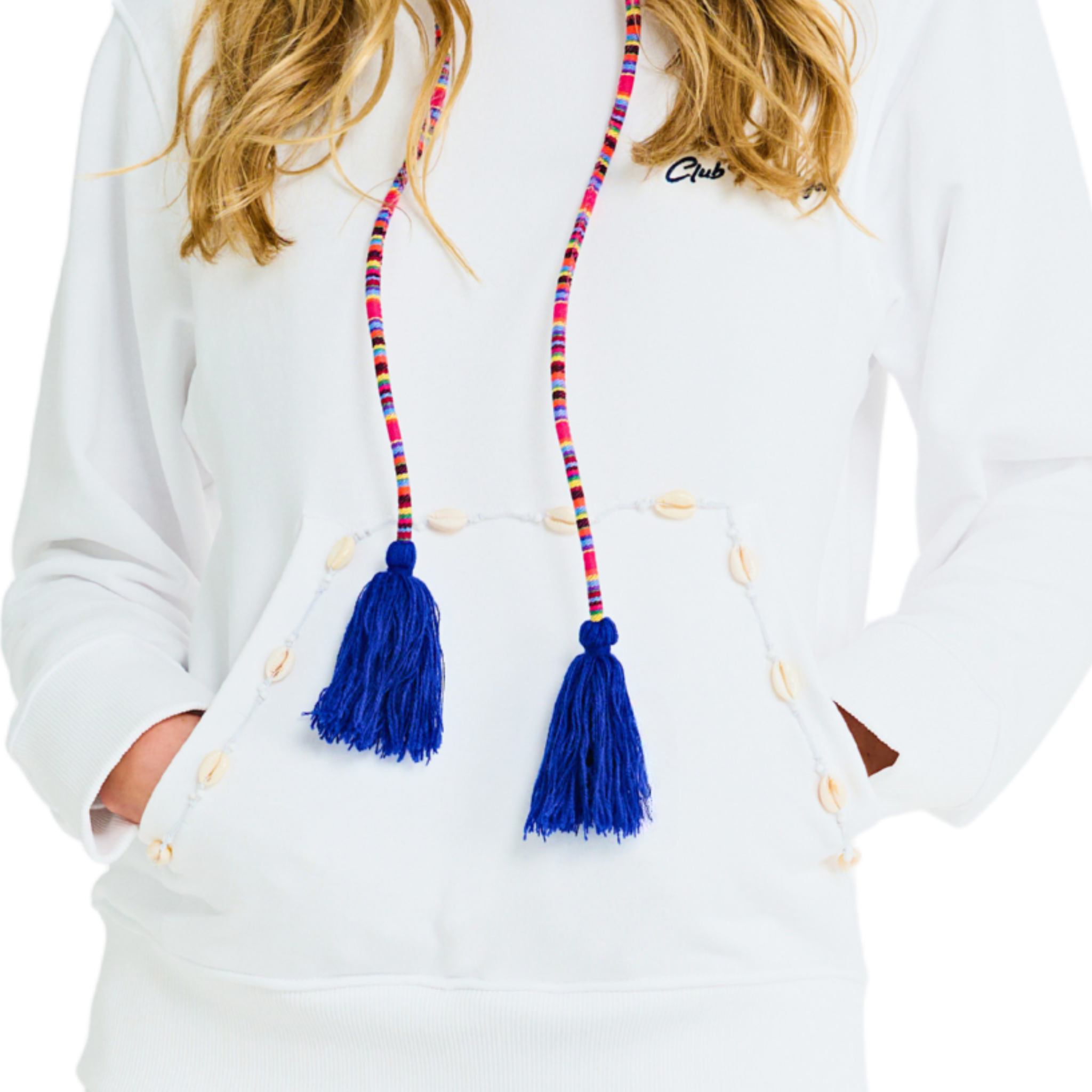 Close-up of unisex white hoodie, cowrie shell pocket trim, colorful handwoven drawstring with blue tassels, 100% cotton, handmade