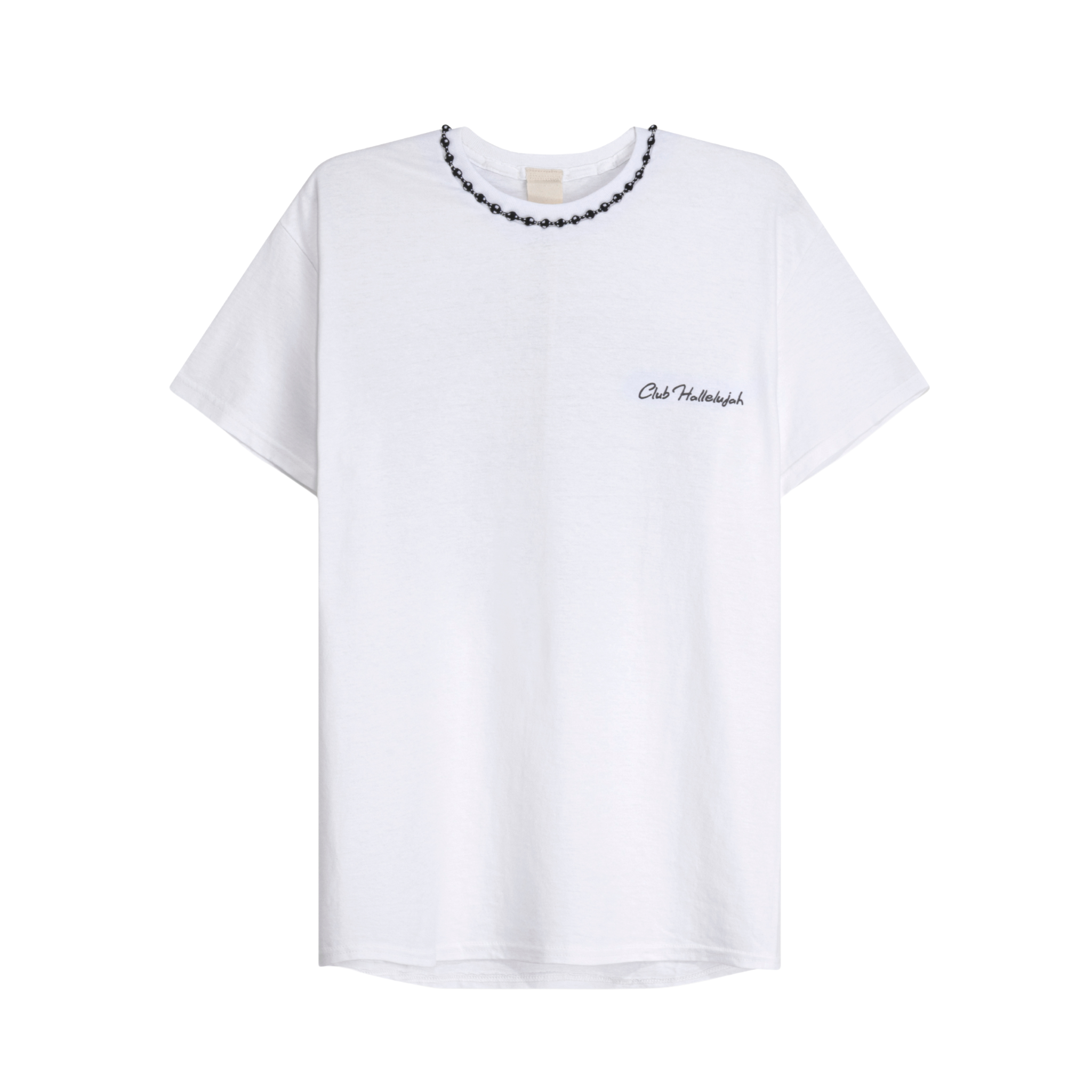 White cotton T-shirt with small 'Club Hallelujah' front logo and braided neckline, front view