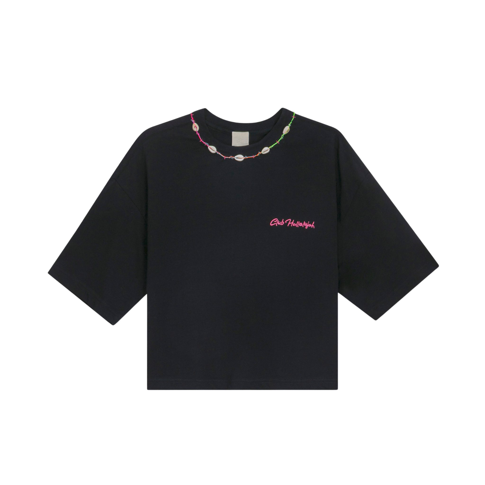 Black organic cotton crop top with pink 'Club Hallelujah' embroidery and cowrie shell neckline, front view
