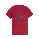Red mélange cotton T-shirt, back view, with blue sunburst 'Club Hallelujah' print and braided neckline