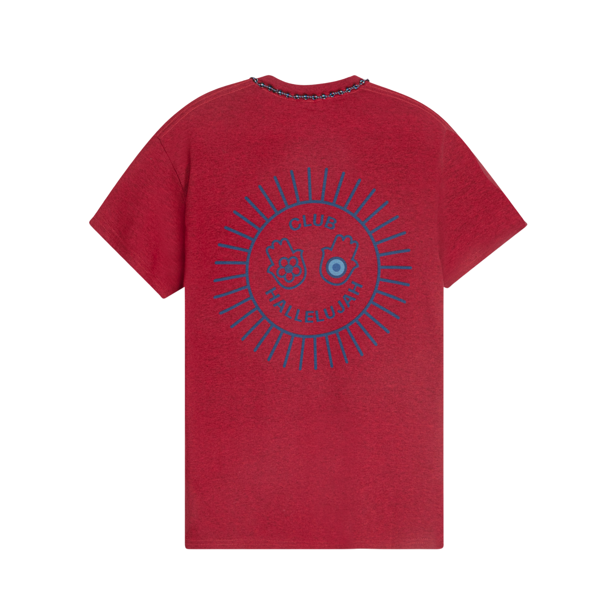 Red mélange cotton T-shirt, back view, with blue sunburst 'Club Hallelujah' print and braided neckline