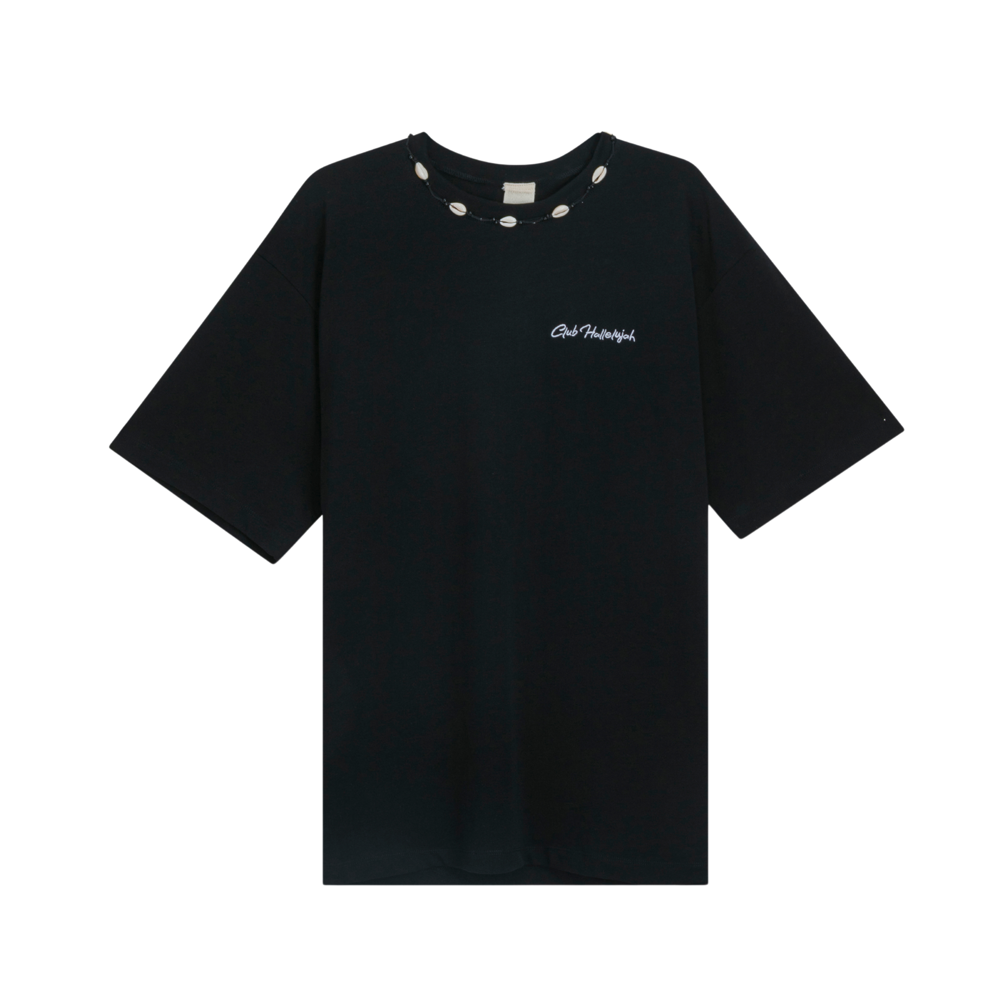 Black organic cotton T-shirt with small front logo and cowrie shell neckline, front view