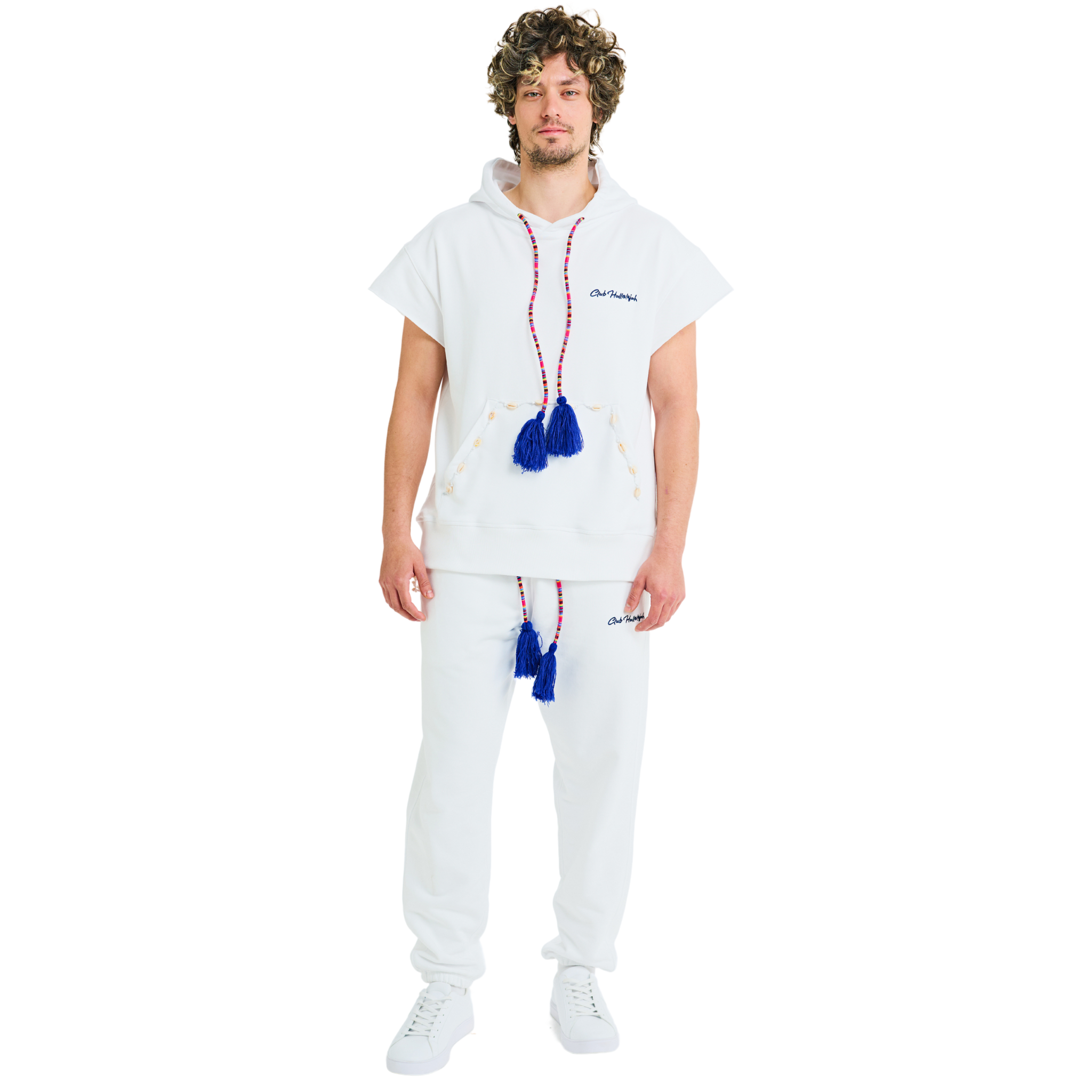 Front view of male model wearing unisex white short-sleeved hoodie with embroidered pocket and blue tassel drawstring