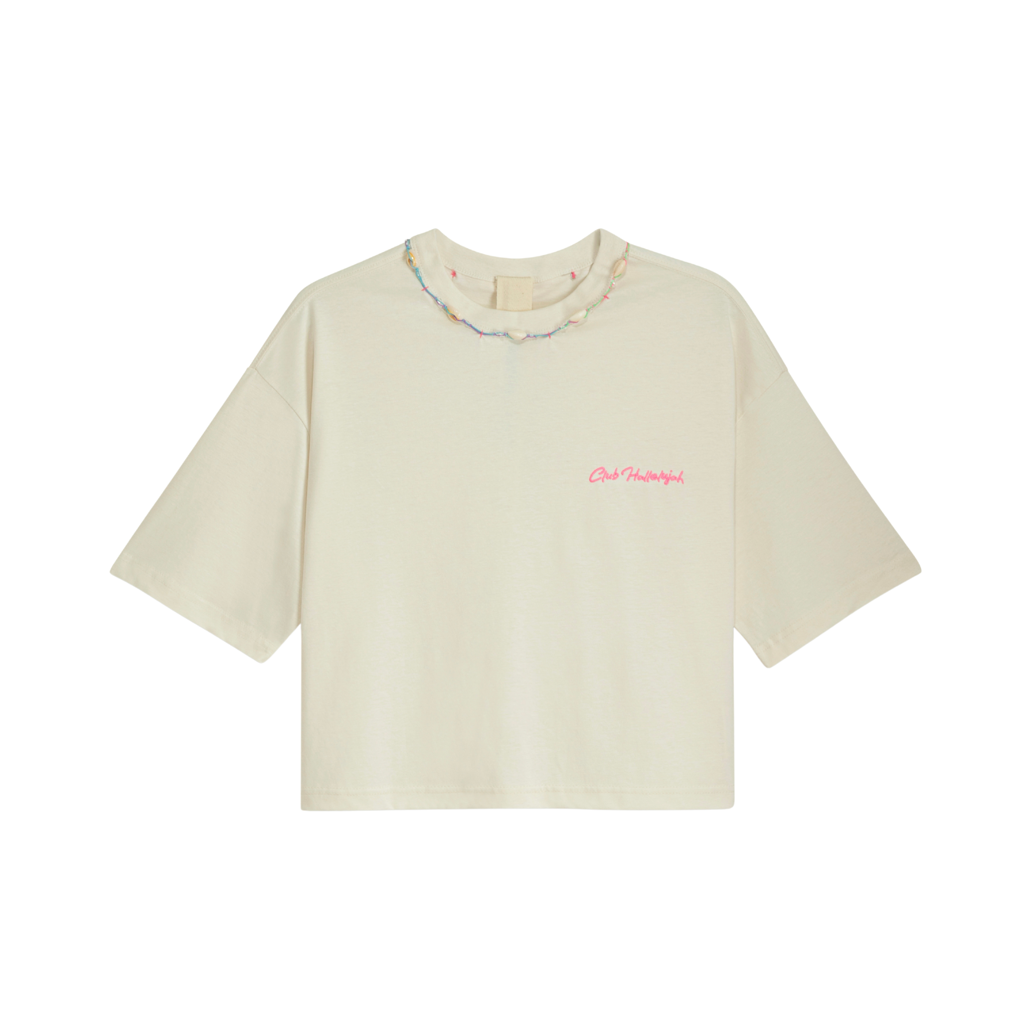 Oat milk organic cotton crop top with pink 'Club Hallelujah' embroidery and cowrie shell neckline, front view