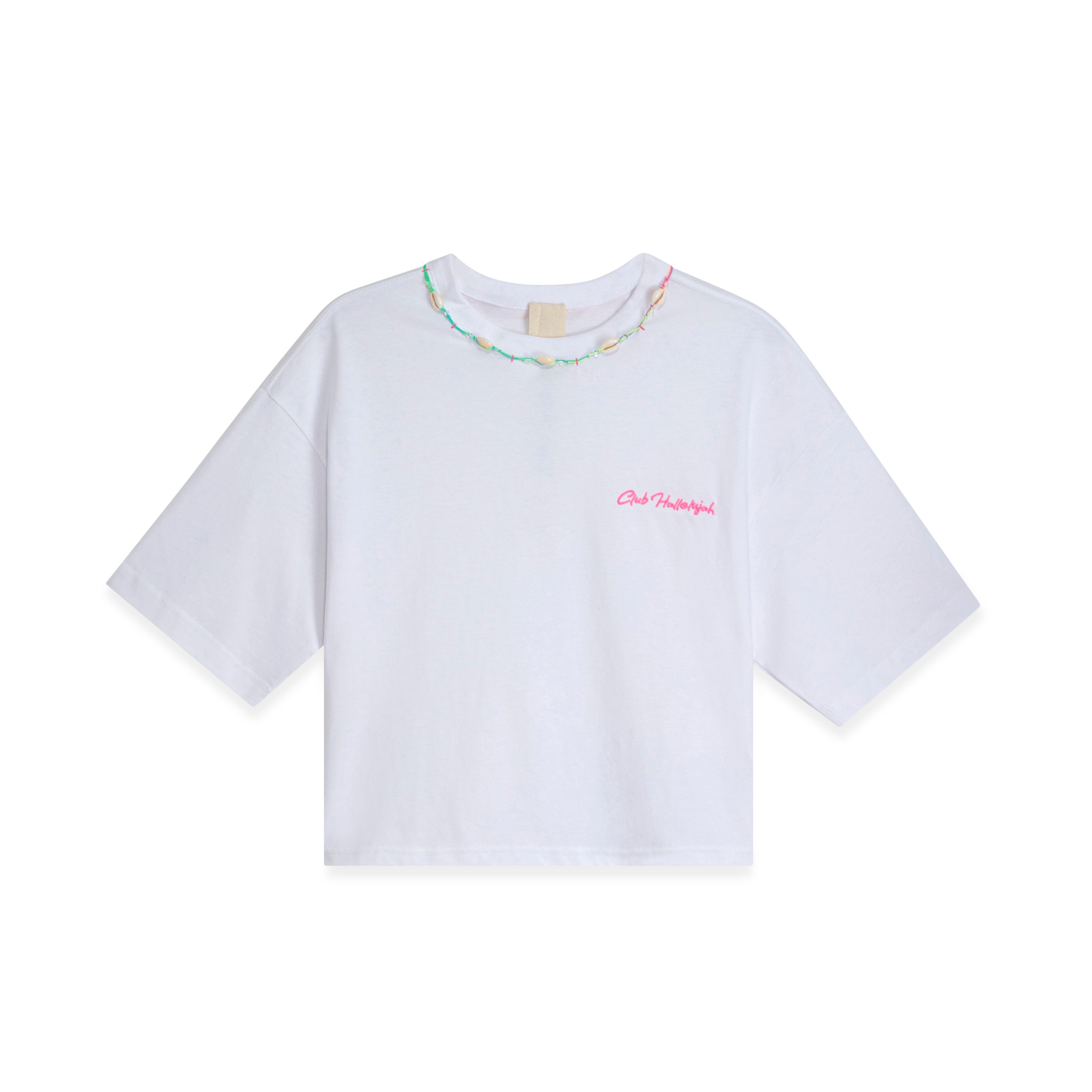 White organic cotton crop top with pink 'Club Hallelujah' embroidery and cowrie shell neckline, front view