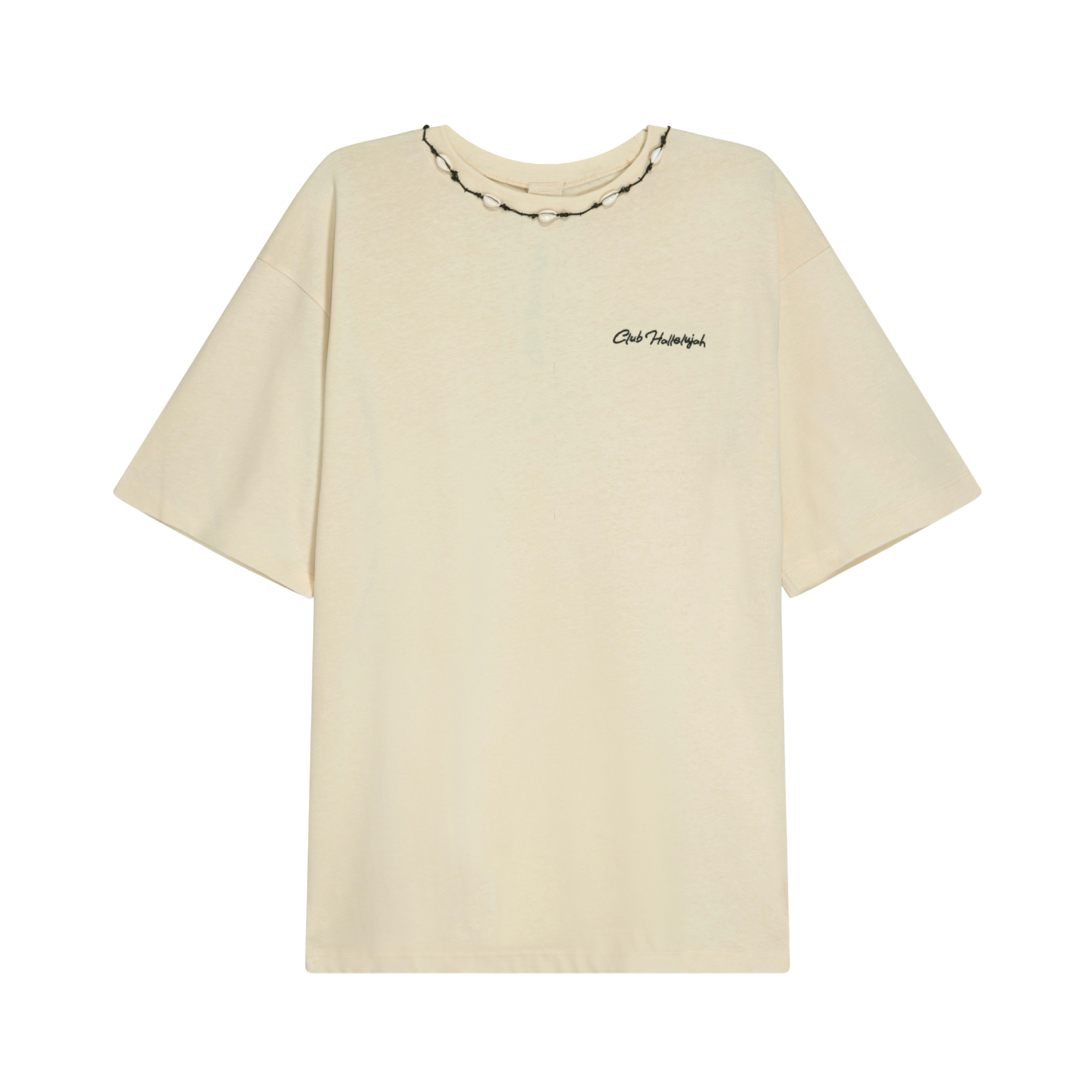 Front view of unisex sabbia oversized T-shirt with embroidered logo and handmade braided shell details on neckline