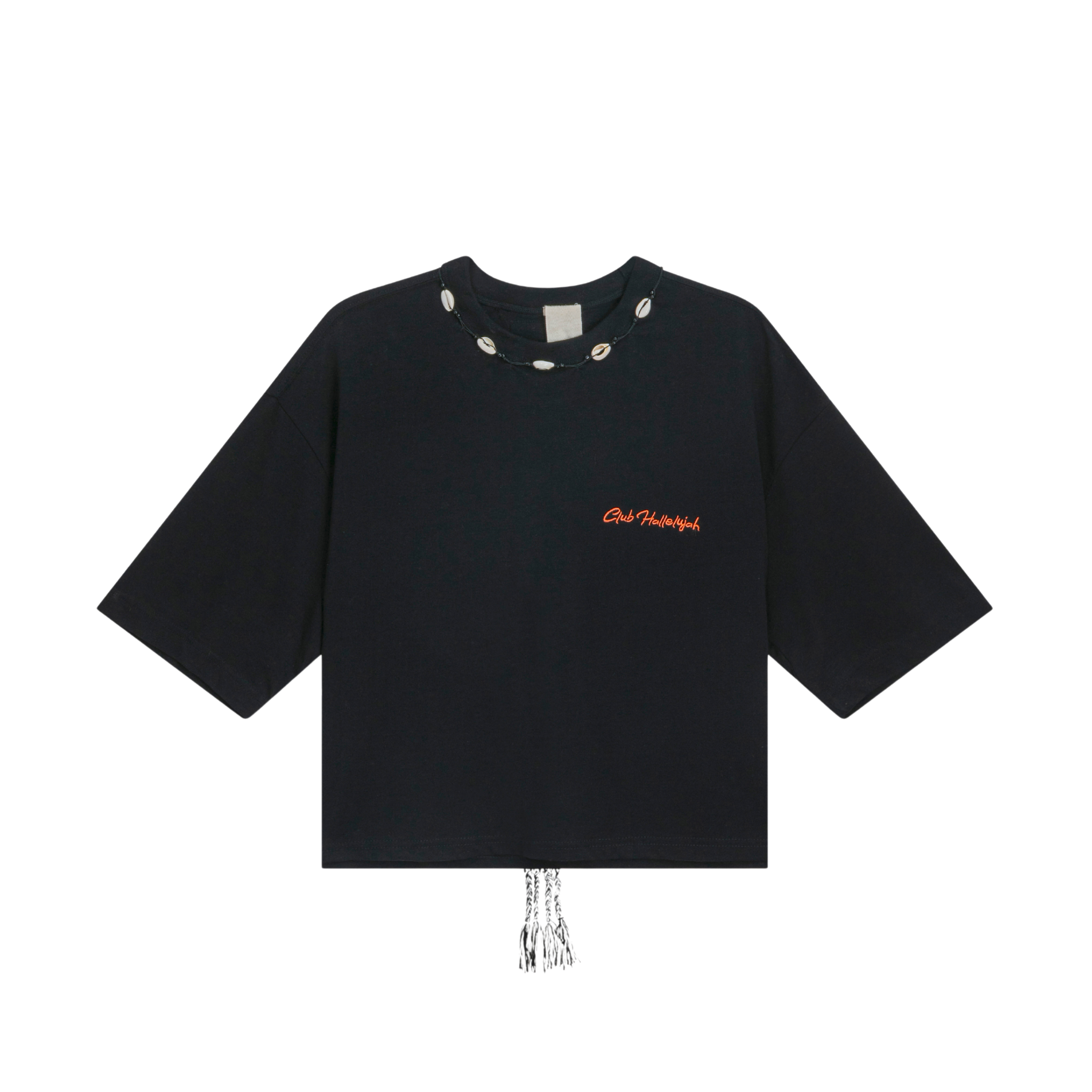 Black organic cotton crop top with pink 'Club Hallelujah' embroidery, cowrie shell neckline, and tassel detail, front view