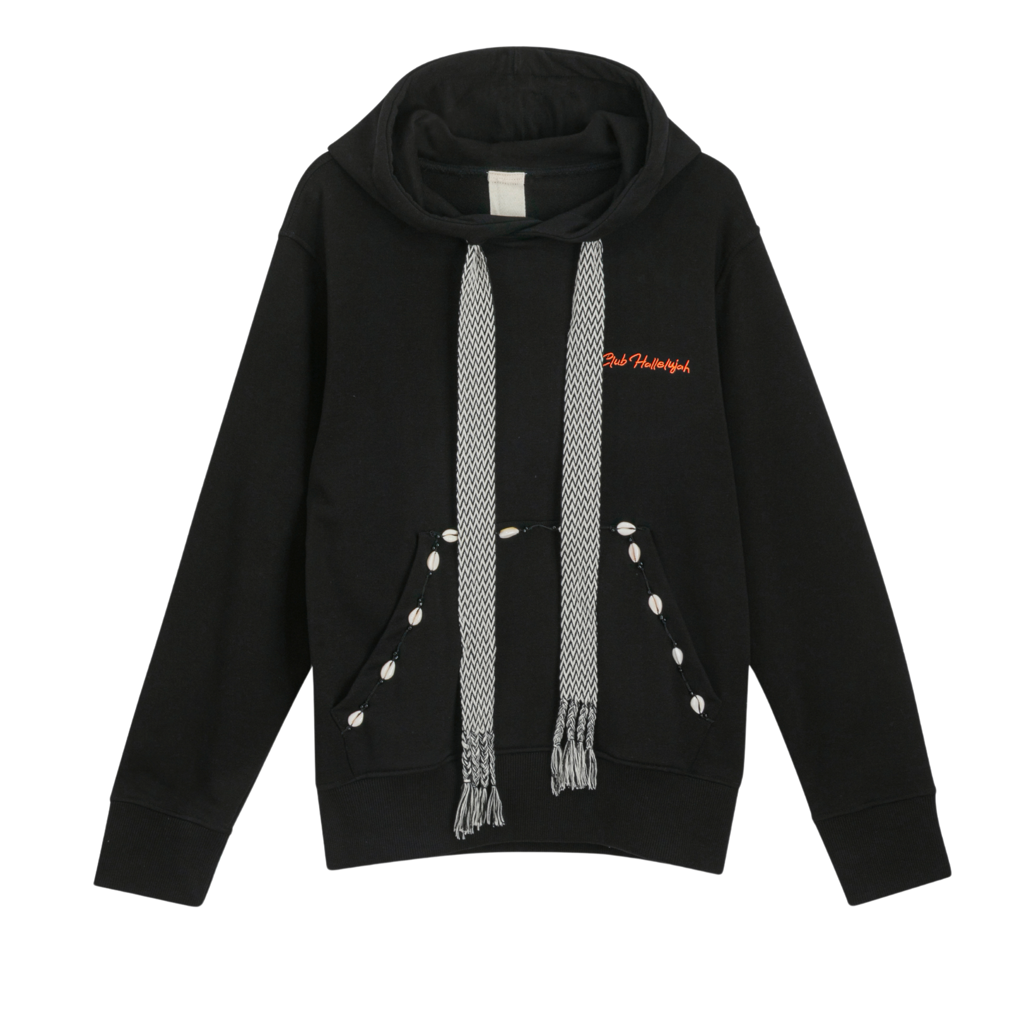 Front view of long-sleeve hoodie with embroidered logo, handmade cowrie shells, woven straps, and braided tassels