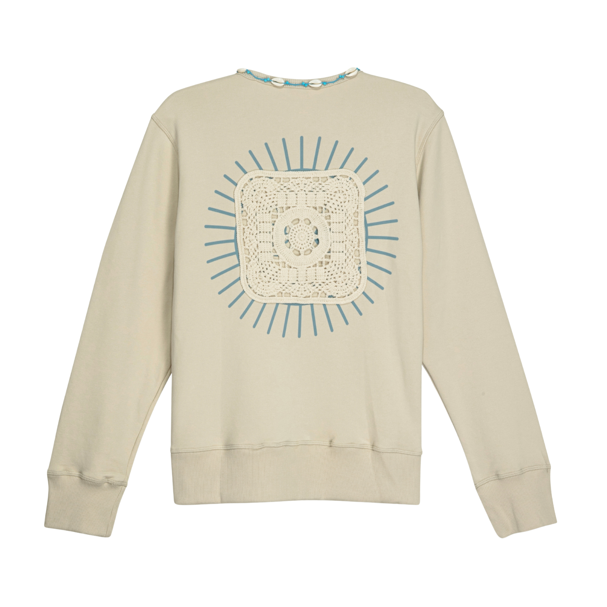 Back view of unisex stone sweatshirt, 100% cotton, featuring handmade lace sunburst patch, cowrie shell neckline trim, artisan craftsmanship